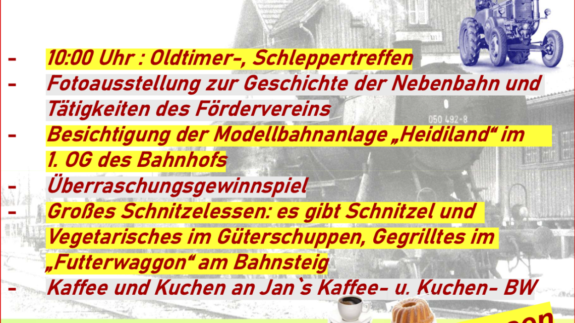 Einladung zum Bahnhofsfest Gerabronn am Tag des offenen Denkmals 13. September 2026 mit Schnitzelessen