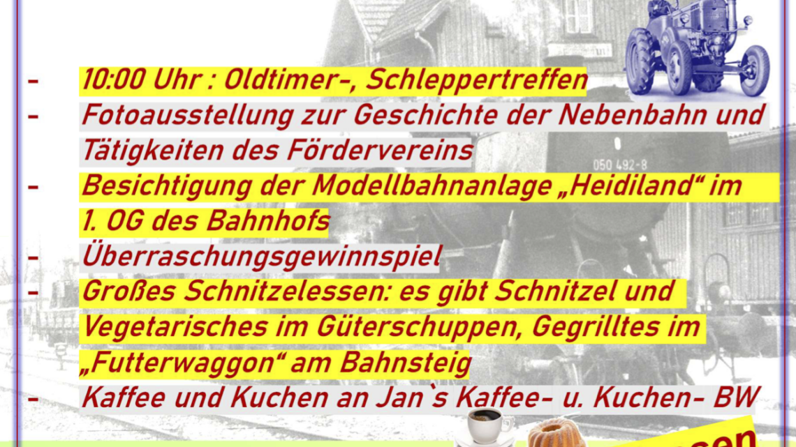 Einladung zum Bahnhofsfest Gerabronn am Tag des offenen Denkmals 13. September 2026 mit Schnitzelessen